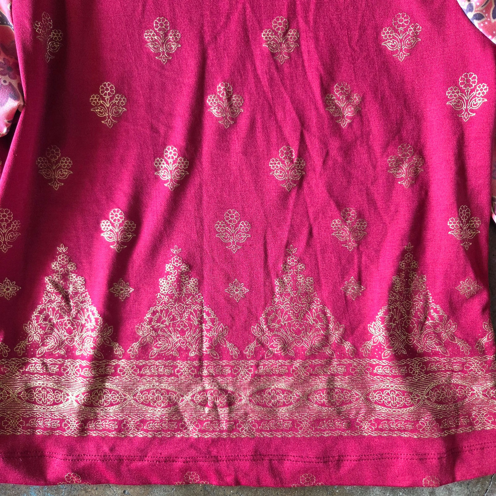 Vintage 90s Floral Print Top Size S Red Asian Inspired Velvet Back Long Sleeve - Picture 5 of 6